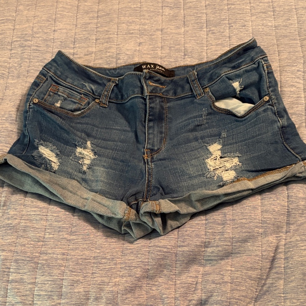 Wax Jean Women's Distressed Rolled Hem Denim Shorts - Blue
